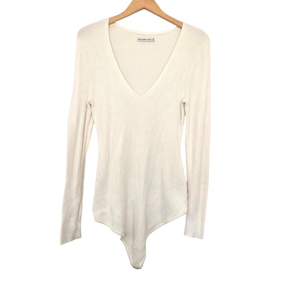 Abercrombie & Fitch V-Neck Sweater Bodysuit XL Cream Ribbed One Piece - Picture 3 of 7